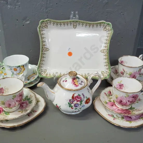 Royal Albert - 4 trios and a Barbara Ann small teapot and a Royal Doulton Tivoli dish L-230 W-190 - 3 American Beauty