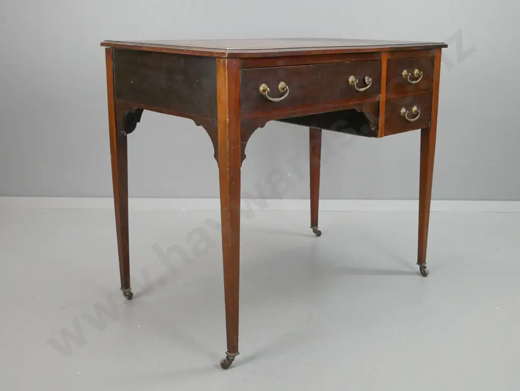 Edwardian mahogany Sheraton style writing desk with one long and 2 small drawers, tooled leather insert, square tapered Image 1++