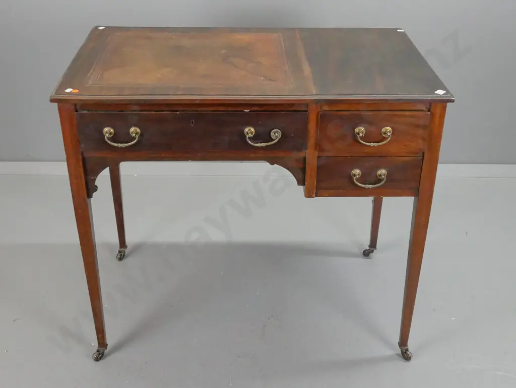 Edwardian mahogany Sheraton style writing desk with one long and 2 small drawers, tooled leather insert, square tapered Image 1++