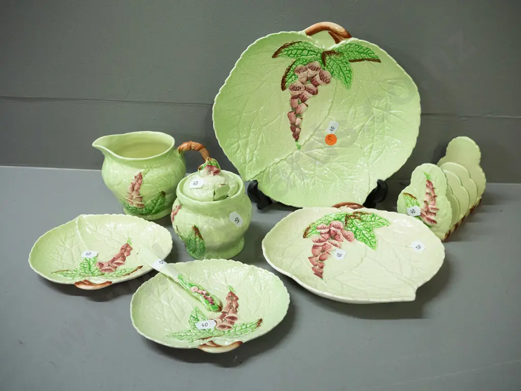Carlton Ware green glaze foxglove pattern items - toast rack, lidded jam pot with spoon, jug, 3 dishes and a butter Image 1++