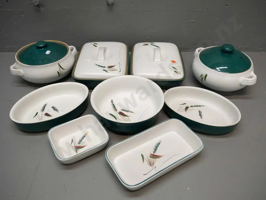 retro Denby Greenwheat baking and serving ware - 2 round lidded & handled tureens, 2 rectangular lidded casseroles, 2 Image 1++