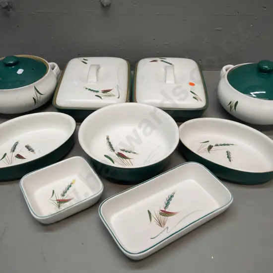 retro Denby Greenwheat baking and serving ware - 2 round lidded & handled tureens, 2 rectangular lidded casseroles, 2