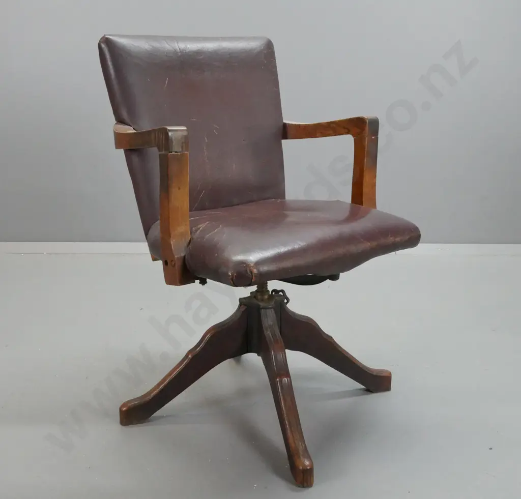 vintage oak swivel & tilt desk chair with leather upholstered seat and studded back - some damage to leather, height Image 1++