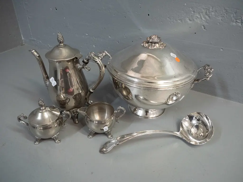 plated ware - large handled soup tureen H-240 W-310 with liner, ladle, coffee pot, cream & lidded sugar Image 1++