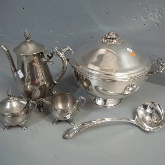 plated ware - large handled soup tureen H-240 W-310 with liner, ladle, coffee pot, cream & lidded sugar
