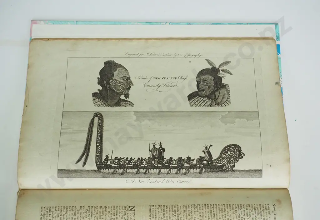 bound volume of pages covering New Zealand and the south seas, taken from 1777 book A New Complete System of Geography Image 1++