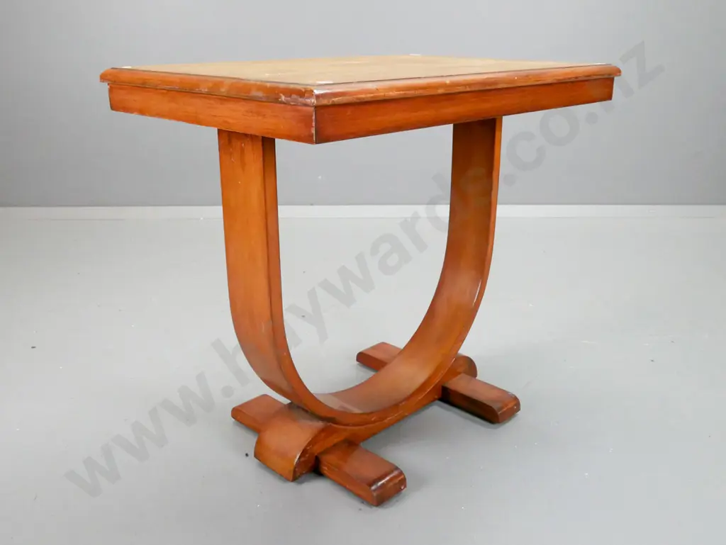 vintage rimu hoop base side table - top in restorer's condition with staining and scratches. H-620 W-700 D-460 Image 1++