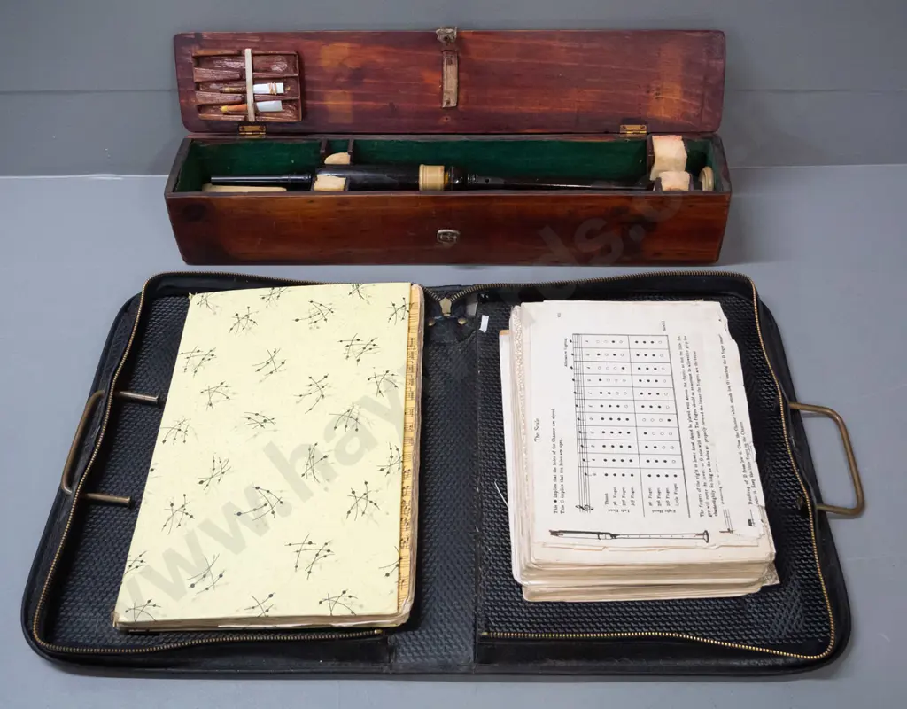 bagpipe pieces in pine case with a leather satchel of bagpipe sheet music - box is W-515 Image 1++