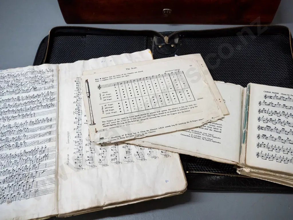 bagpipe pieces in pine case with a leather satchel of bagpipe sheet music - box is W-515 Image 1++