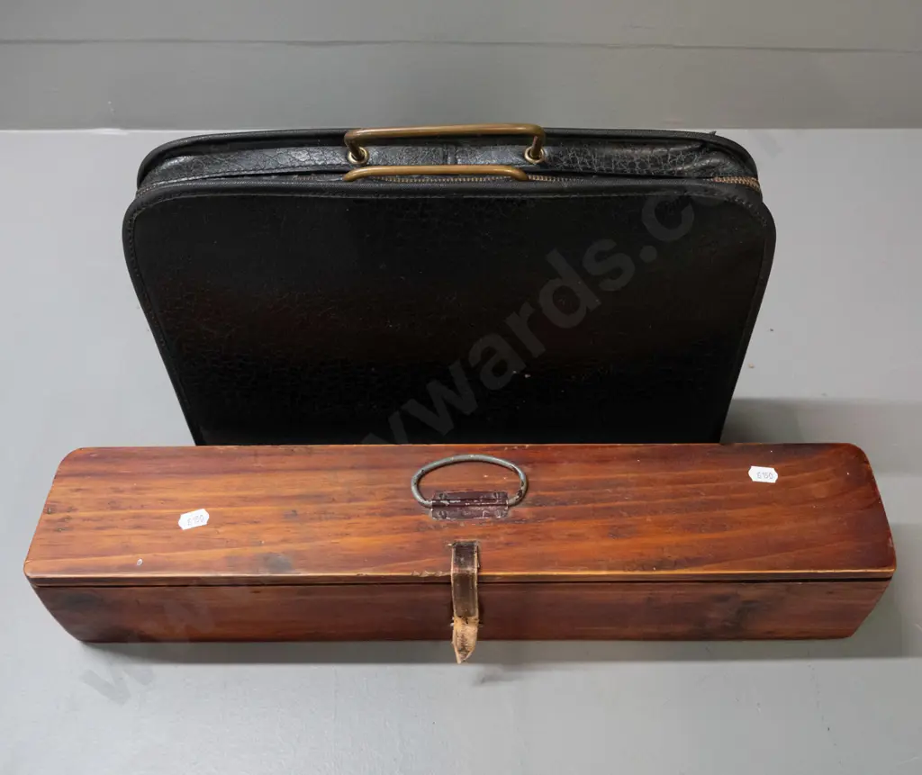 bagpipe pieces in pine case with a leather satchel of bagpipe sheet music - box is W-515 Image 1++