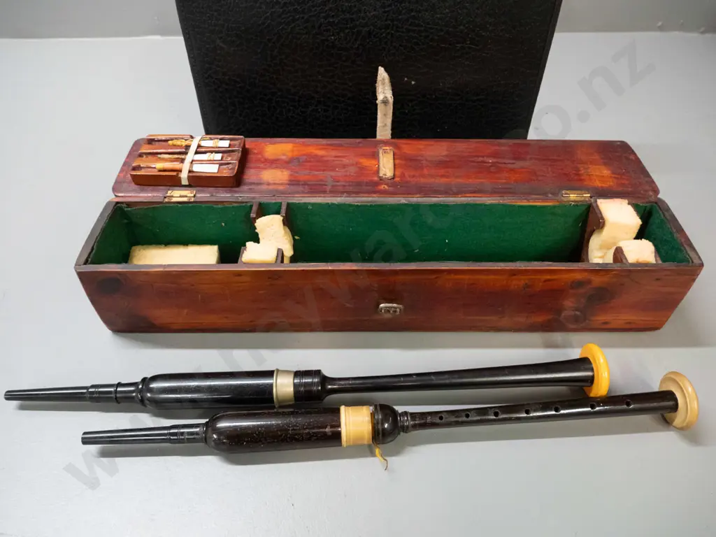 bagpipe pieces in pine case with a leather satchel of bagpipe sheet music - box is W-515 Image 1++