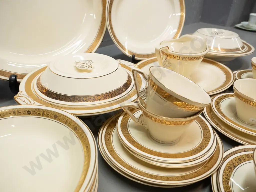 Burleigh ware cream & gilt 6 place dinner set with 3 ashetts, 2 lidded vegetables, gravy jug, cups & saucers, 3 plate Image 1++
