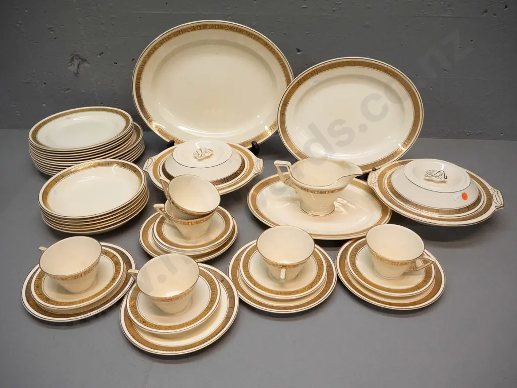 Burleigh ware cream & gilt 6 place dinner set with 3 ashetts, 2 lidded vegetables, gravy jug, cups & saucers, 3 plate Image 1++