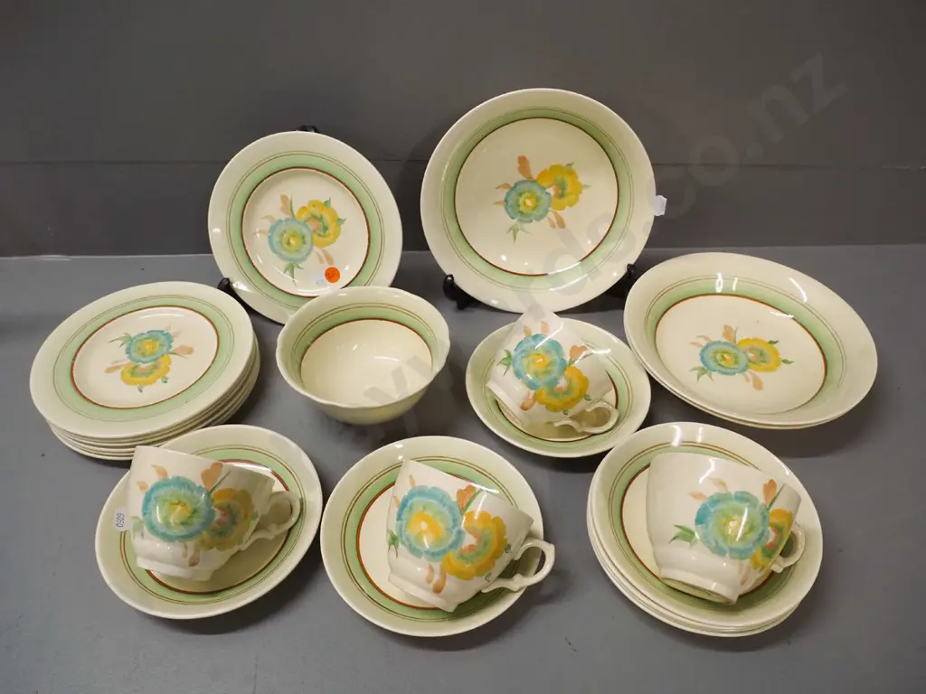vintage hand painted Clarice Cliff Newport Pottery table ware - 4 cups & saucers, 7 side plates, 3 soup plates, sugar Image 1++