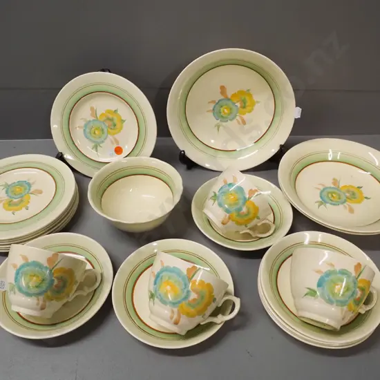 vintage hand painted Clarice Cliff Newport Pottery table ware - 4 cups & saucers, 7 side plates, 3 soup plates, sugar