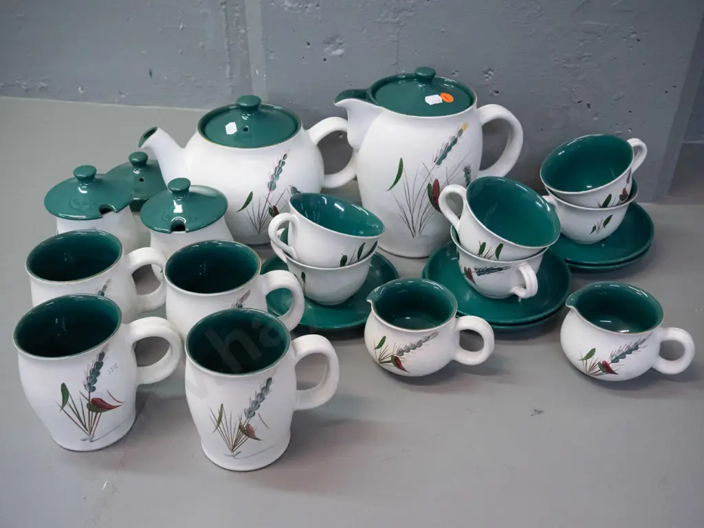 retro Denby Greenwheat teaware - including large tea or coffee pot, small teapot, 4 mugs, 6 cups but only 5 saucers, Image 1++