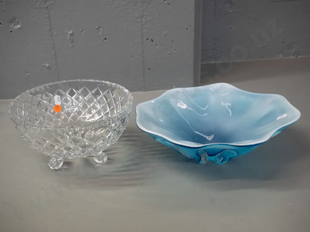 art glass sky blue and white fluted design bowl Diameter 255 & a cut crystal footed salad bowl Image 1++