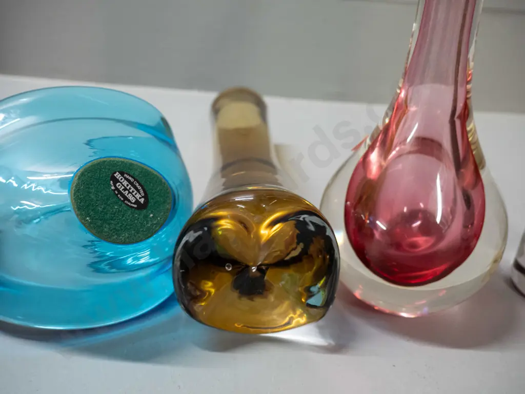 4 art glass items - 3 vases with clear heavy base and a blue Hokitika basket. Tallest vase is H-310 Image 1++