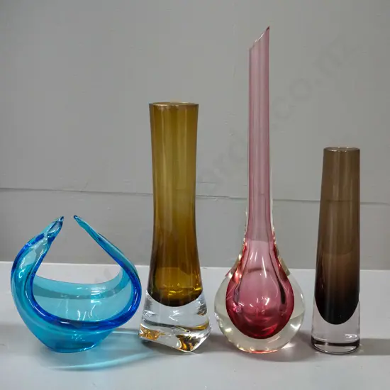 4 art glass items - 3 vases with clear heavy base and a blue Hokitika basket. Tallest vase is H-310