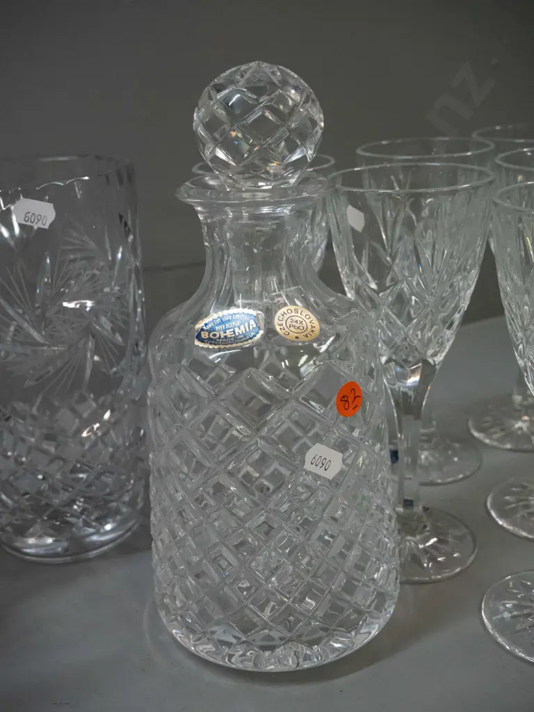 cut crystal items - Bohemian decanter H-250, 8 wine glasses (set of 6 Bohemian and another pair) plus another decanter. Image 1++