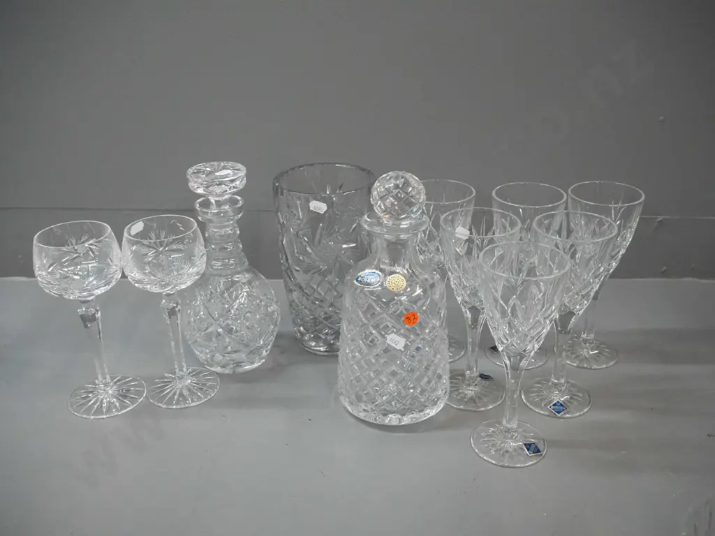 cut crystal items - Bohemian decanter H-250, 8 wine glasses (set of 6 Bohemian and another pair) plus another decanter. Image 1++