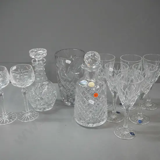 cut crystal items - Bohemian decanter H-250, 8 wine glasses (set of 6 Bohemian and another pair) plus another decanter.