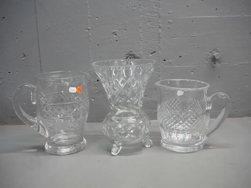 3 cut crystal items - 2 Stuart jugs and a 3-footed trumpet shape vase with no maker's mark H-210 D-145 Image 1++