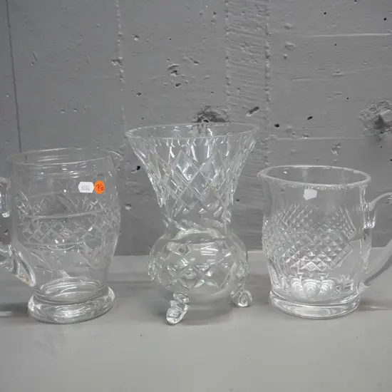 3 cut crystal items - 2 Stuart jugs and a 3-footed trumpet shape vase with no maker's mark H-210 D-145