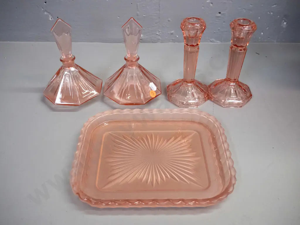 deco moulded pink glass dressing table ware - 2 stoppered scent bottles, 2 candlesticks and a tray. Bottles H-140 Image 1++