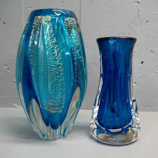 2 art glass vases - blue with clear base, one lighter blue with gold flecks H230, other has applied veins