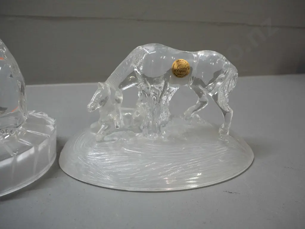 3 crystal figurines, 2 with labels - RCR penguin, Crystal D'Arques horse, and rearing horse H-160 with not label Image 1++