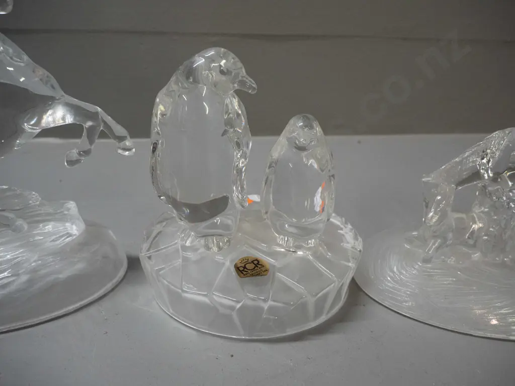3 crystal figurines, 2 with labels - RCR penguin, Crystal D'Arques horse, and rearing horse H-160 with not label Image 1++