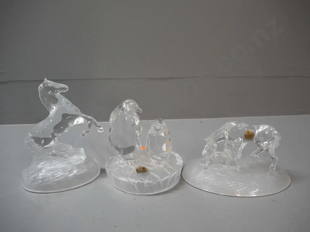 3 crystal figurines, 2 with labels - RCR penguin, Crystal D'Arques horse, and rearing horse H-160 with not label Image 1++