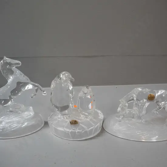 3 crystal figurines, 2 with labels - RCR penguin, Crystal D'Arques horse, and rearing horse H-160 with not label