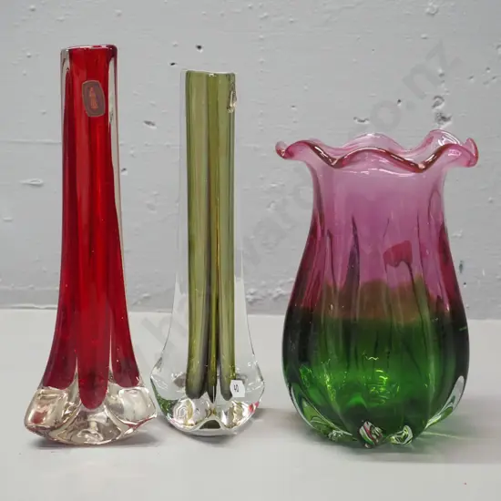 3 art glass vases - 2 Whitefriars bud vases, taller is H-240, and a cranberry and green frilled edge