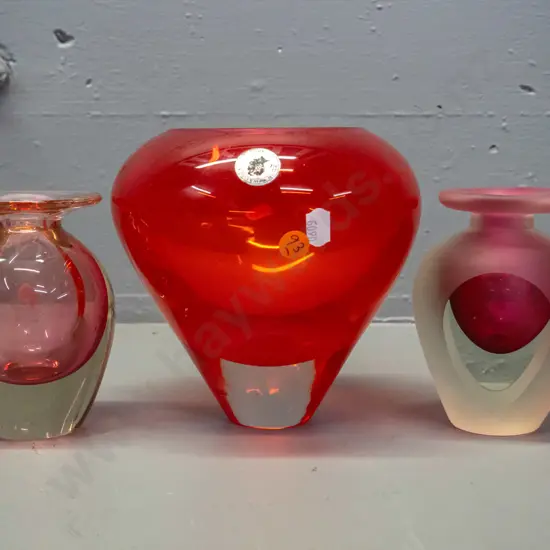 3 art glass vases - Italian Murano red with narrow clear base w/label H-160 & 2 other pinks and clear with flared rims,