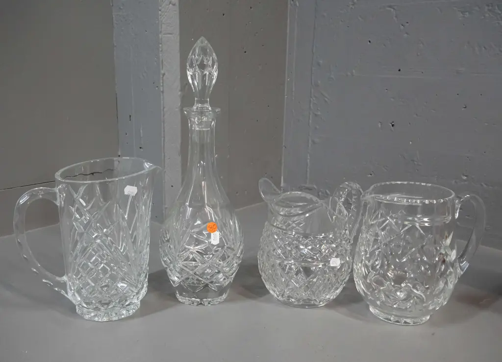 4 cut crystal items - 3 jugs and a stoppered decanter H-370 Image 1++
