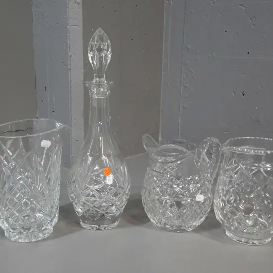 4 cut crystal items - 3 jugs and a stoppered decanter H-370