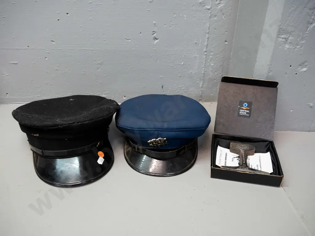 2 caps, one with NZR badge, made by Treister, plain black has Hills Hats, and a souvenir Taieri Gorge cross-section of Image 1++