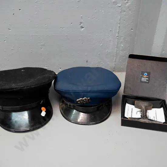 2 caps, one with NZR badge, made by Treister, plain black has Hills Hats, and a souvenir Taieri Gorge cross-section of