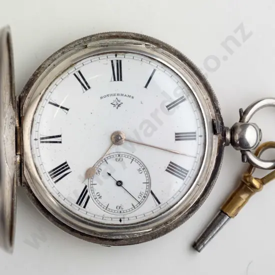 silver pocket watch with key stamped lion, b, JR B3