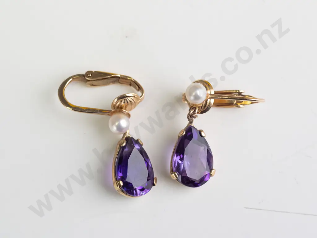 pair of gold amethyst & pearl earrings clip on stamped 14kt Image 1++