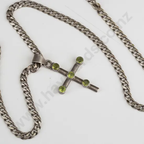 crucifix with green stones on heavy chain marked 925