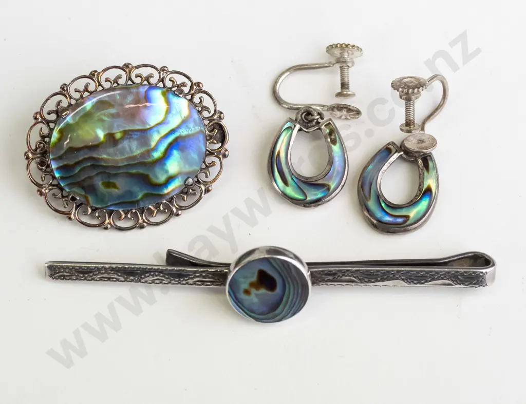 paua shell earrings [screw on], tie pin - stamped silver & paua shell brooch no mark Image 1++