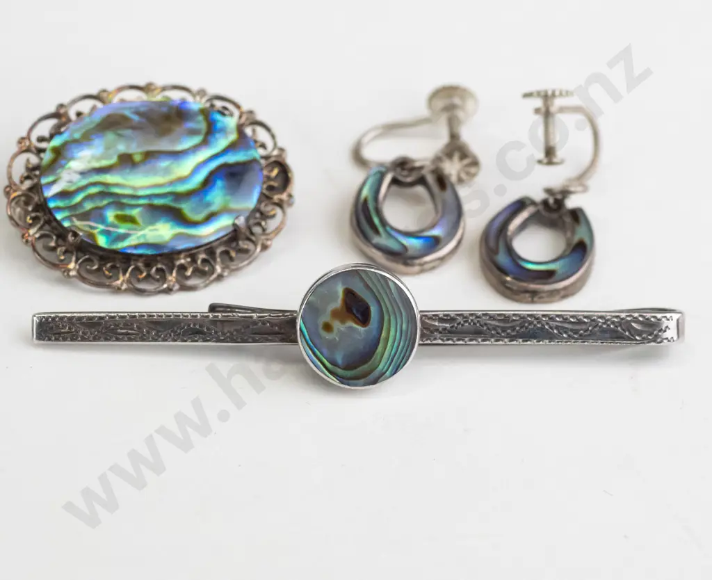 paua shell earrings [screw on], tie pin - stamped silver & paua shell brooch no mark Image 1++
