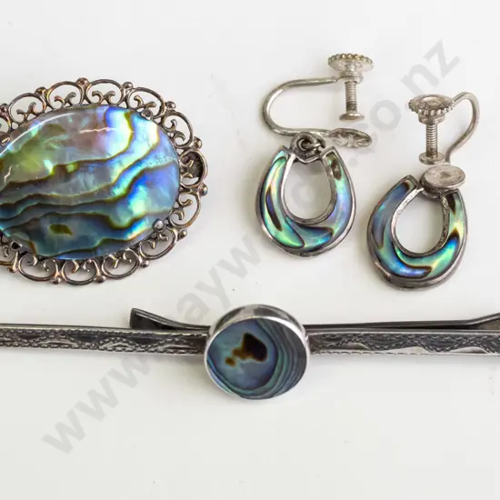 paua shell earrings [screw on], tie pin - stamped silver & paua shell brooch no mark