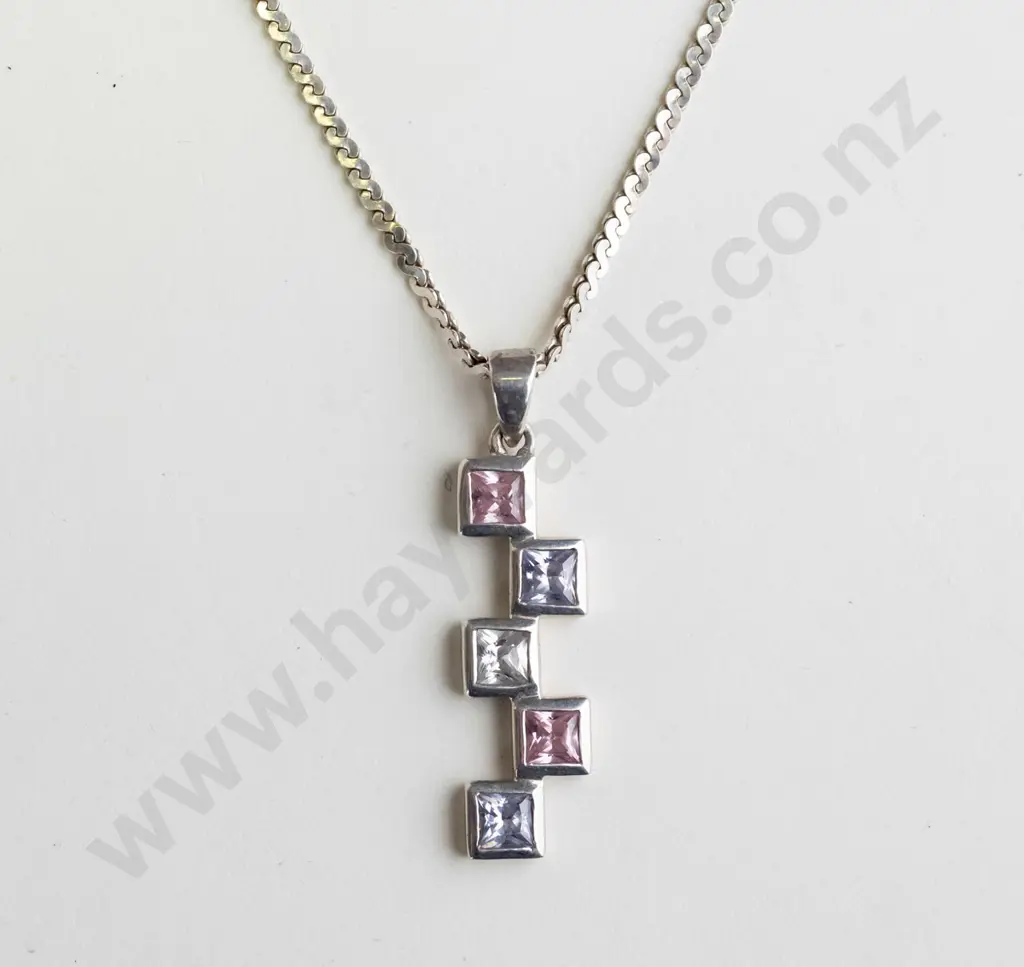 silver necklace with clear & pink stones stamped 925 Image 1++