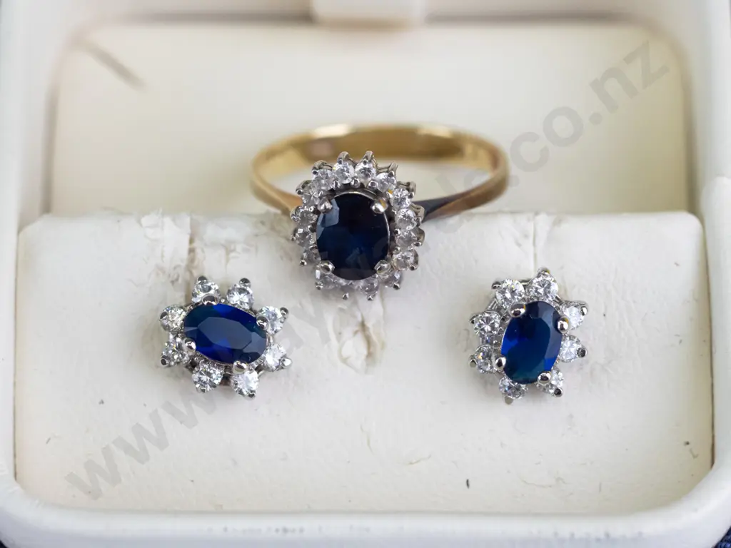 sapphire & cz dress ring stamped 375 & pair of sapphire & cz earings no mark Image 1++