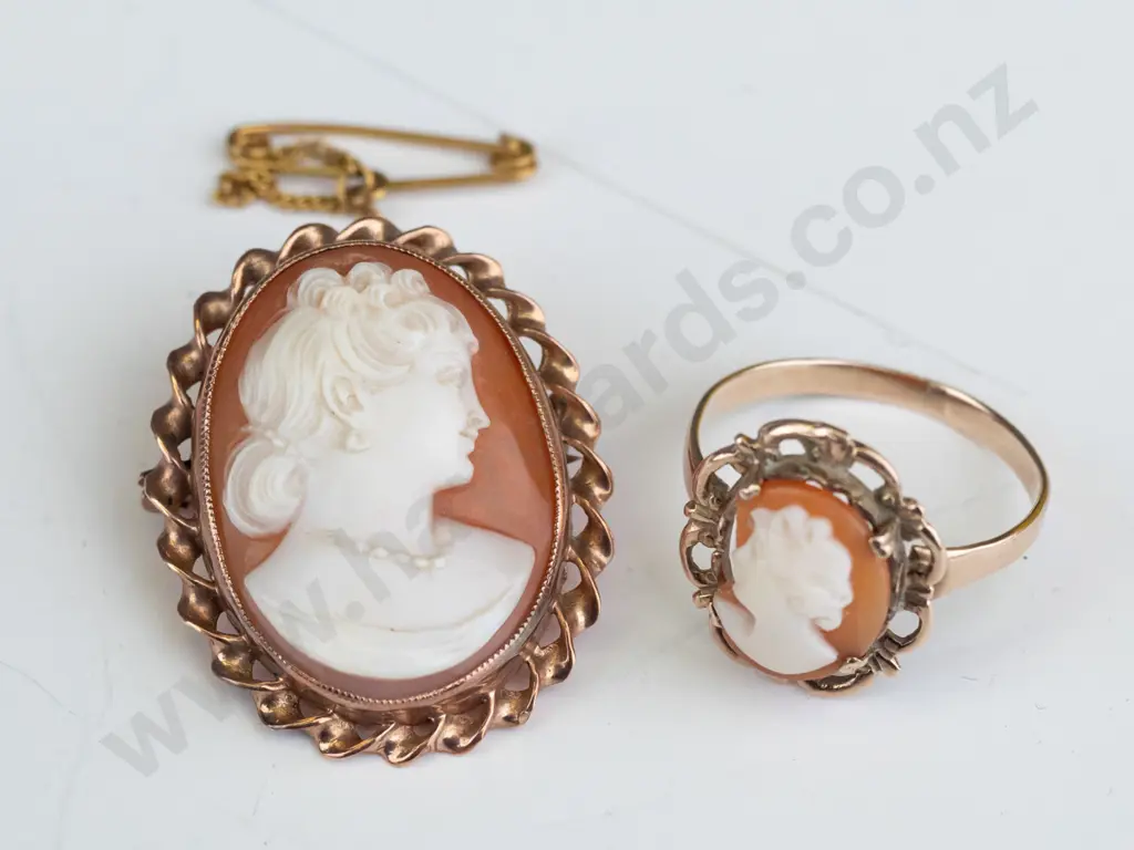 cameo brooch with safety chain stamped 9ct & cameo ring not marked Image 1++