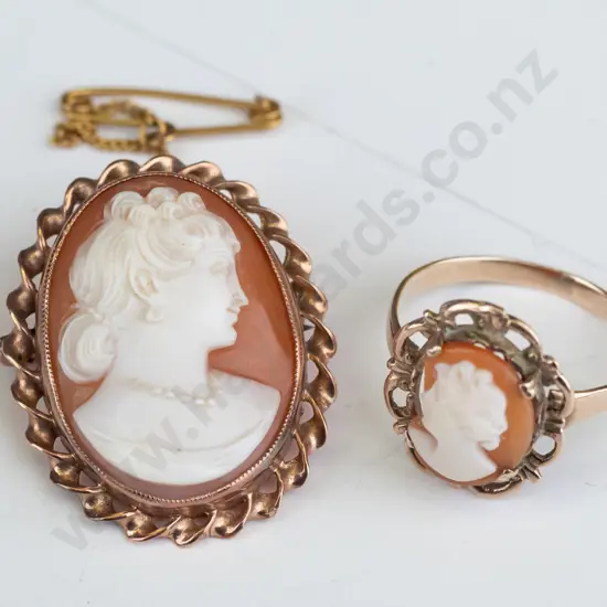cameo brooch with safety chain stamped 9ct & cameo ring not marked